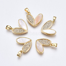 Brass Micro Pave Clear Cubic Zirconia Pendants, with White Sea Shell, Nickel Free, Heart, Real 18K Gold Plated, 13.5x15.5x2.5mm, Hole: 2.5x4mm(X-KK-Q277-005-NF)