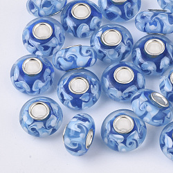 Handmade Lampwork European Beads, Large Hole Beads, with Silver Color Plated Brass Single Cores, Rondelle, Blue, 14x7.5mm, Hole: 4mm(LAMP-S193-003D)