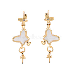 Brass Micro Pave Clear Cubic Zirconia Stud Earring Findings, for Half Drilled Bead, Nickel Free, with Enamel, Real 18K Gold Plated, Butterfly, White, 27x10mm, Pin: 0.7mm, Pin: 0.7mm(for half drilled beads)(KK-N233-131-NF)