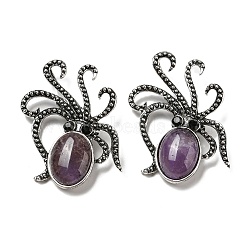 Natural Amethyst Octopus Brooch, Alloy Pave Jet Rhinestone Sea Animal Pins, Antique Silver, 52.5~53x36.5x8~9mm, Hole: 7x4mm(G-Z050-01D)