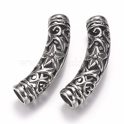 304 Stainless Steel Hollow Tube Beads, Curved, Large Hole Beads, Tube with Flower, Antique Silver, 44x10mm, Hole: 6.5mm(STAS-F195-035AS)