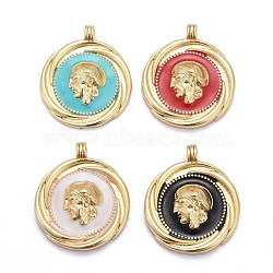 Brass Enamel Pendants, Long-Lasting Plated, Lead Free & Cadmium Free, Flat Round with Human, Mixed Color, 23x20x3.5mm, Hole: 1.8mm(KK-A151-02G-RS)