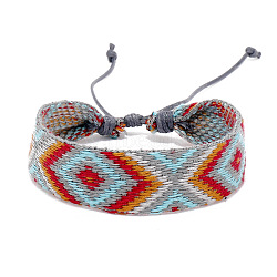 Cotton Braided Rhombus Cord Bracelet with Wax Ropes, Ethnic Tribal Adjustable Bracelet for Women, Gray, 7-1/8 inch(18cm)(PW-WG62422-02)