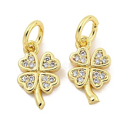 Rack Plating Brass Micro Pave Clear Cubic Zirconia Charms, with Jump Rings, Long-Lasting Plated, Lead Free & Cadmium Free, Clover, Real 18K Gold Plated, 11x6.5x1.4mm, Hole: 3mm(KK-Q814-08G)