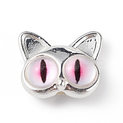 Spray Painted Alloy Beads, with Glass Eye, Cat Head, Silver, 14x16.5x7mm, Hole: 1.5mm(PALLOY-K001-19B)