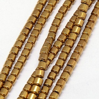 Electroplate Non-magnetic Synthetic Hematite Beads Strands, Column, Grade A, Golden Plated, 3x3mm, Hole: 1mm, about 127pcs/strand, 16 inch