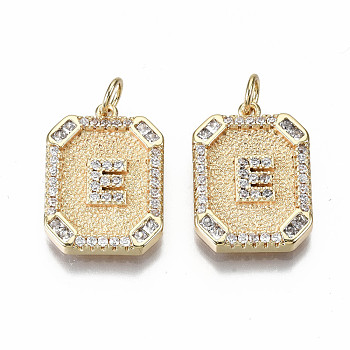 Brass Micro Pave Clear Cubic Zirconia Pendants, Nickel Free, Real 18K Gold Plated, Rounded Rectangle with Word, Letter.E, 19x14x2.5mm, Jump Ring: 5x0.7mm, 3mm inner diameter