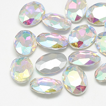 Pointed Back Glass Rhinestone Cabochons, Back Plated, Faceted, Oval, Crystal AB, 10x8x4mm