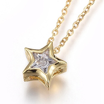 304 Stainless Steel Brass Cubic Zirconia Pendant Necklaces, Star, Clear, Golden, 17.8 inch(45.5cm), Pendant: 8x8x4mm