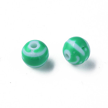 Opaque Striped Acrylic Beads, Round, Green, 10mm, Hole: 2mm,  about 940pcs/500g.