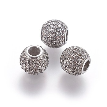 304 Stainless Steel European Beads, Large Hole Beads, with Rhinestone, Rondelle, Crystal, Stainless Steel Color, 11x10mm, Hole: 4.5mm