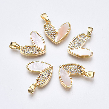 Brass Micro Pave Clear Cubic Zirconia Pendants, with White Sea Shell, Nickel Free, Heart, Real 18K Gold Plated, 13.5x15.5x2.5mm, Hole: 2.5x4mm