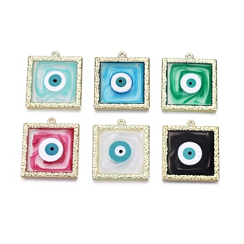 Alloy Enamel Pendants, Golden, Square with Evil Eye, Mixed Color, 33x30x3mm, Hole: 1.6mm