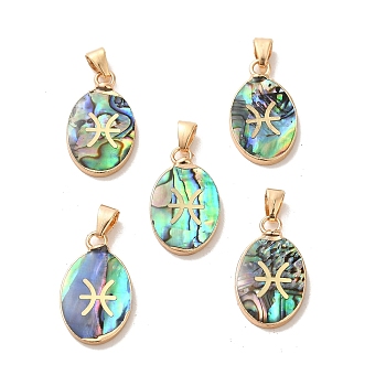 Constellation Natural Paua Shell Pendants, Golden Tone Brass Oval Charms, Pisces, 22x13x3~3.5mm, Hole: 6x3mm