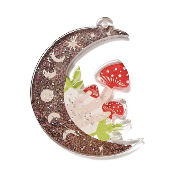 Translucent Resin Pendants, Mushroom Moon Charms with Glitter Powder, Coconut Brown, 42x35x2.3mm, Hole: 1.6mm