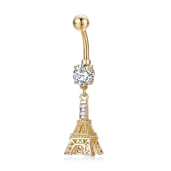 Piercing Jewelry, Brass Cubic Zirciona Navel Ring, Belly Rings, with 304 Stainless Steel Bar, Lead Free & Cadmium Free, Eiffel Tower, Clear, 44mm, Pendant: 22x10mm, Bar: 14 Gauge(1.6mm), Bar Length: 3/8"(10mm)