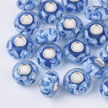 Handmade Lampwork European Beads, Large Hole Beads, with Silver Color Plated Brass Single Cores, Rondelle, Blue, 14x7.5mm, Hole: 4mm