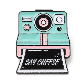 Camera with Word Say Cheese Enamel Pins, Electrophoresis Black Plated Alloy Brooch, Turquoise, 29.5x24.5x1.5mm