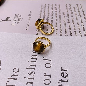 Natural Tiger Eye Half Round Adjustable Ring, Golden Brass Finger Ring, Golden, Inner Diameter: 18mm