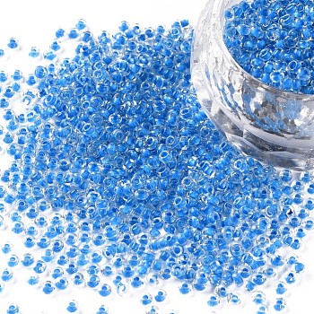 11/0 Grade A Transparent Glass Seed Beads, Inside Color, Dodger Blue, 2.3x1.5mm, Hole: 1mm, about 5300pcs/50g
