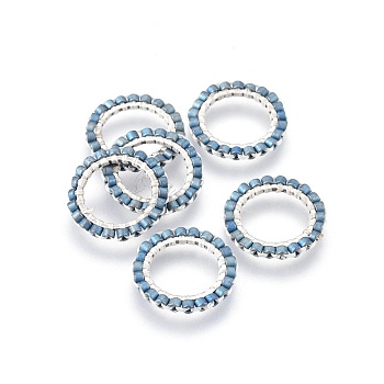 MIYUKI & TOHO Handmade Japanese Seed Beads, with 304 Stainless Steel Link Rings, Loom Pattern, Ring, Silver, Steel Blue, 14.5~15x1.7mm