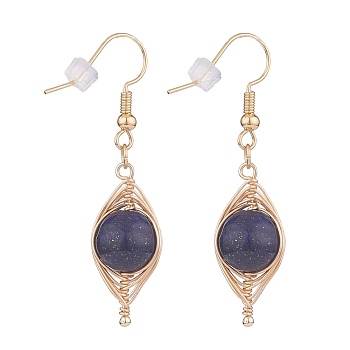Natural Lapis Lazuli Braided Dangle Earring, Brass Oval Drop Earrings for Women, Golden, 46mm, Pin: 0.6mm