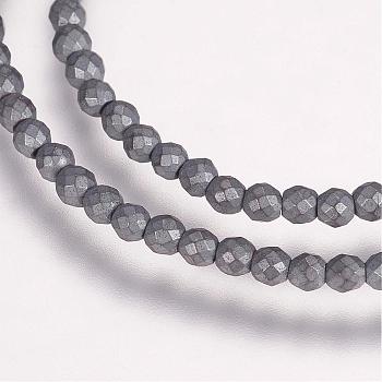 Electroplate Non-magnetic Synthetic Hematite Beads Strands, Grade AA, Frosted, Round, Faceted, Hematite Plated, 2mm, Hole: 0.5mm, about 196pcs/strand, 15.5 inch