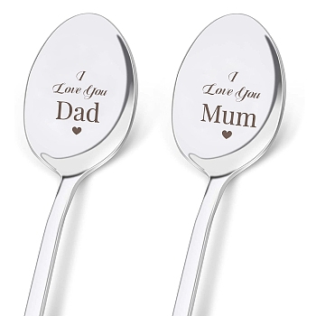 Stainless Steel Spoons Set, Including 2 Spoons with Word, Stainless Steel Color, Heart Pattern, 196x32mm, 2pcs/set
