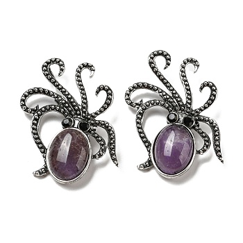Natural Amethyst Octopus Brooch, Alloy Pave Jet Rhinestone Sea Animal Pins, Antique Silver, 52.5~53x36.5x8~9mm, Hole: 7x4mm