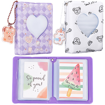 2 Books 2 Patterns 3 Inch PVC Mini Photo Album with Heart Window, with 2Pcs 2 Styles Cut Bear Acrylic Pendant Keychain, Mixed Color, Album: 110x81x26.5mm, Hole: 4mm; Keychain: 85~94mm