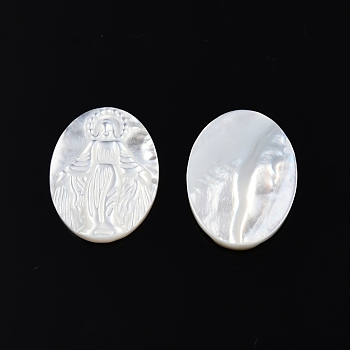 Natural White Shell Cabochons, Religion, Oval with Jesus, 18x14x2.5mm
