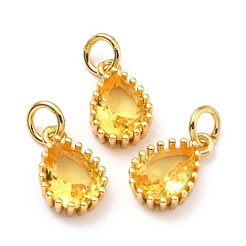 Brass Micro Pave Cubic Zirconia Pendants, Real 18K Gold Plated, Long-Lasting Plated, Teardrop, Gold, 12x7.5x3.5mm, Hole: 3mm