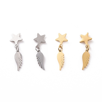 304 Stainless Steel Wing with Star Dangle Stud Earrings for Women, Mixed Color, 25.5mm, Pin: 0.8mm