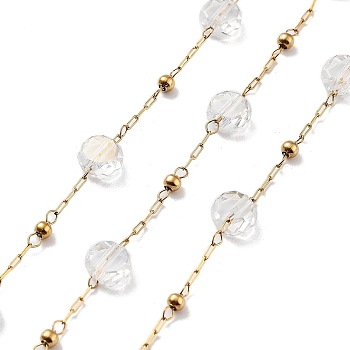 304 Stainless Steel Handmade Beaded Chain, with Electroplated Glass, with Spool, Soldered, Real 18K Gold Plated, Flat Round, Clear, 5.5x5.5x3.5mm, about 16.40 Feet(5m)/Roll