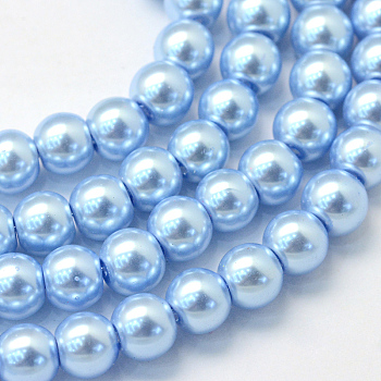 Baking Painted Pearlized Glass Pearl Round Bead Strands, Sky Blue, 6~7mm, Hole: 1mm, about 145pcs/strand, 31.4 inch
