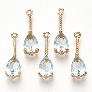 Transparent Glass Pendants, with Golden Tone Brass Findings, Faceted, Teardrop, Pale Turquoise, 18x5x4mm, Hole: 1mm