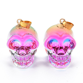 5Pcs Electroplate K9 Glass Pendants, with Golden Plated Brass Bails, Skull, Halloween, Violet, 25x26~27x19mm, Hole: 5mm