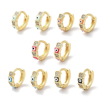 Brass Micro Pave Clear Cubic Zirconia Hoop Earrings, Evil Eye Enamel Earrings for Women, Real 18K Gold Plated, Mixed Color, 10x3mm