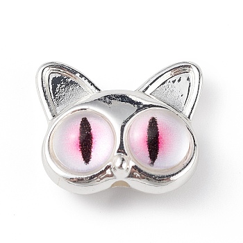 Spray Painted Alloy Beads, with Glass Eye, Cat Head, Silver, 14x16.5x7mm, Hole: 1.5mm