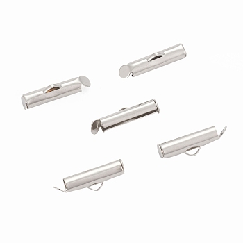 Iron Slide On End Clasp Tubes, Cadmium Free & Lead Free, Slider End Caps, Platinum, 6x16x4mm, Hole: 1mm, 3.2mm Inner Diameter