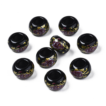 Flower Printed Opaque Acrylic Rondelle Beads, Large Hole Beads, Black, 15x9mm, Hole: 7mm