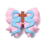 Silicone Beads, Focal Beads Bowknot with Cross, Pink, 26x30x9mm, Hole: 2mm(SL-CBAAC97-06)