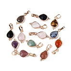 Natural & Synthetic Mixed Stone Pendants, Teardrop Charms, with Light Gold Tone Brass Snap On Bails, Faceted, Mixed Dyed and Undyed, 17~18x8~9x3~4mm, Hole: 6x3~3.5mm(G-Q606-30KCG)