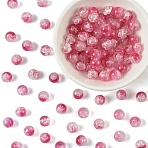 100Pcs Transparent Spray Painted Crackle Glass Beads, with Golden Foil, Round, Camellia, 8~9mm, Hole: 1.2mm(GLAA-YW0005-15D)