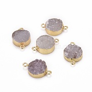Natural Drusy Agate Flat Round Links connectors, with Golden Tone Plated Brass Finding, 15~16x23~25x5~6mm, Hole: 3mm(G-P090-22)