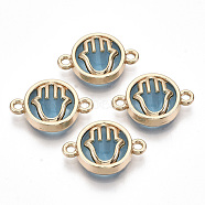 Glass Links connectors, with Light Gold Plated Alloy Findings, Flat Round with Hamsa Hand/Hand of Fatima/Hand of Miriam, Dodger Blue, 13.5x19.5x5.5mm, Hole: 1.6mm(GLAA-T015-01D)