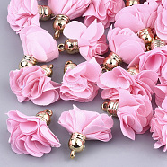 Cloth Pendants, with CCB Plastic, 6-Petal, Flower, Golden, Pearl Pink, 26~27x17~28mm, Hole: 1.6mm(FIND-S300-01T)