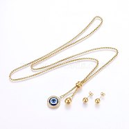 304 Stainless Steel Jewelry Sets, Pendant Necklaces and Stud Earrings, with Enamel and Rhinestone, Flat Round, Golden, Necklace: 29.9 inch(76cm), Earrings: 20x8mm, Pin: 0.8mm(SJEW-O091-02G)