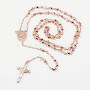 Men's Rosary Bead Necklace with Crucifix Cross, 304 Stainless Steel Necklace for Easter, Rose Gold, 18.9 inch(48cm)(NJEW-I011-6mm-02)