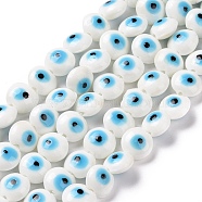 Handmade Evil Eye Lampwork Beads Strands, Flat Round, White, 12.5x7.5mm, Hole: 1.6mm, about 33pcs/strand, 15.12''(38.4cm)(LAMP-E030-03E)